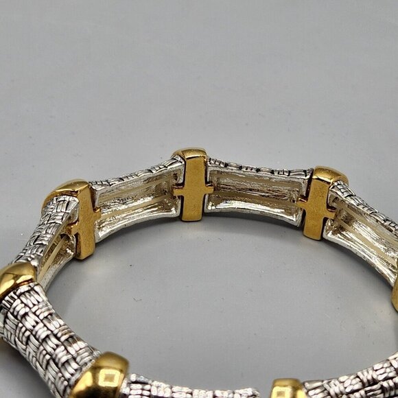 Joan Rivers Stretchy Bangle Silver + Gold Tone Basketweave Chunky One Size - Picture 3 of 7